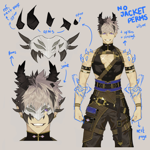 An image from Ruze's official reference sheet drawn by P-POCO sensei is used to display his Legendary Equipment. Ruze wears his corruption beast mask and has removed his jacket. He has additional spiked horns protruding from his head, shoulders, and back, and wears thick black gloves on his forearms that have swirling energy near the elbows. The design is similar to that of Ruze's demon alter-ego, 'Obsidian Ruze.'