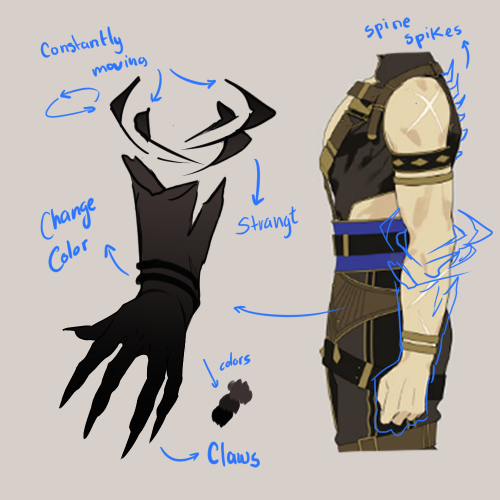 A detailed view of the custom design for Ruze's thick gloves, also shown on original reference sheet art by P-POCO sensei. The gloves are a black material that fades to a milder black near his elbows. The gloves display sharp claws extending from their fingers.