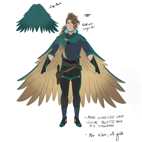 Goldbullet wears a longer cloak that is made of flowing green feathers with a gold underside. His hair is longer, and all of his metal accents are gold. He wears a sleek, form-fitting dark grey jacket.