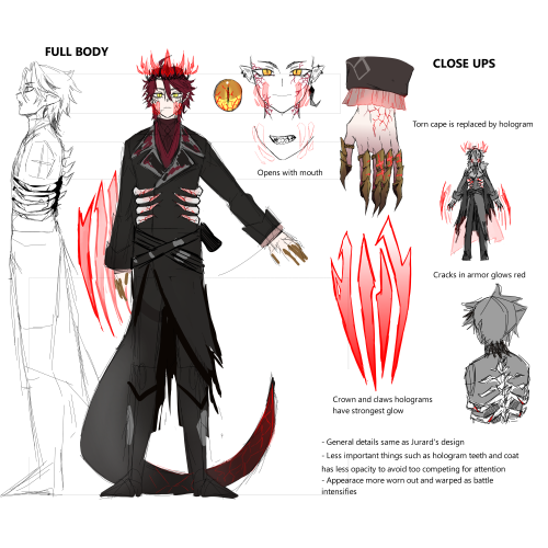 Jurard wears dangerous-looking bronze claws that emit red energy through cracks in the material. He also has red holographic claws and teeth floating over his hands and teeth. His crown and cape have red holographic extensions as well.