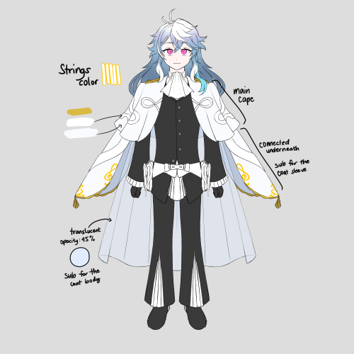 Octavio in a fancy long white cape with golden accents. He has long, flowing hair in this outfit.